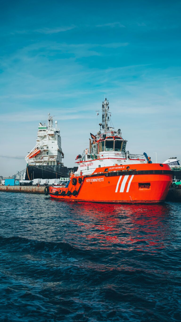 Red tug boat alongside a cargo ship in a bustling harbor under a clear blue sky.