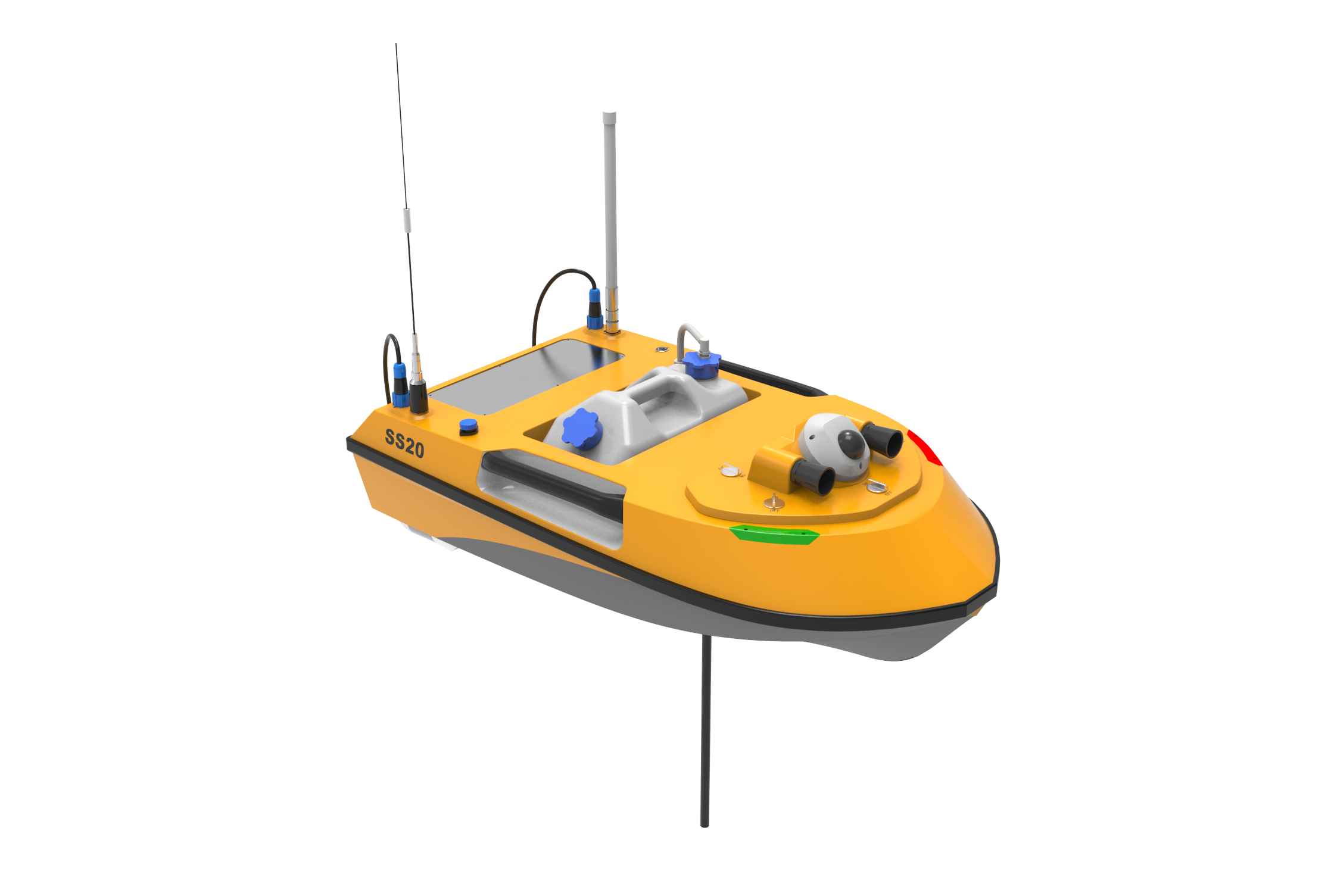 Specification Hull Material Carbon fiber Dimension (L)105 cm *(W)55 cm *(H)35cm Weight 17 kg Payload 10 kg Draft 15 cm Propulsion Duct type thruster Remote Control Frequency Radio frequency, 900 MHz/ 2.4GHz Communication Range RC: 1 km Auto: 2 km Survey Speed 3 knots (1.5m/s) Max. Speed 8 knots (4 m/s) Battery Life 6hrs @ 1.5m/s Battery Pack 1 x 33V 40Ah Quick Battery Replacement Options ADCP telemetry module